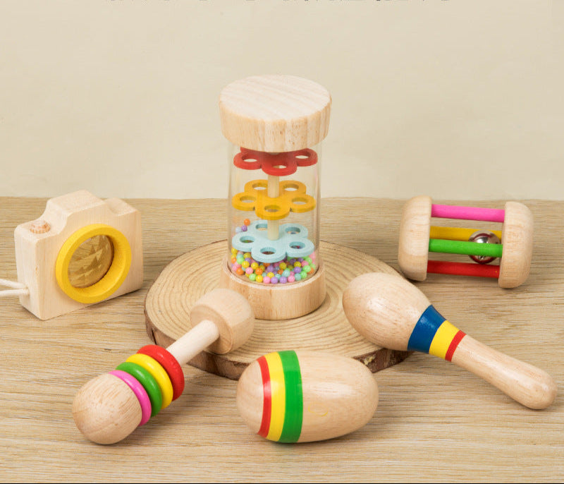 Montessori Early Education Wooden Baby Teething Soothing Hand Rattle6Set Combination Set Educational Toys,Wooden Rattle for Boys Girls, Rattle Toys for Babies