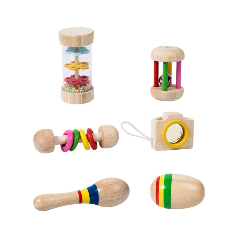 Montessori Early Education Wooden Baby Teething Soothing Hand Rattle6Set Combination Set Educational Toys,Wooden Rattle for Boys Girls, Rattle Toys for Babies