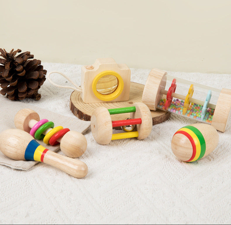 Montessori Early Education Wooden Baby Teething Soothing Hand Rattle6Set Combination Set Educational Toys,Wooden Rattle for Boys Girls, Rattle Toys for Babies