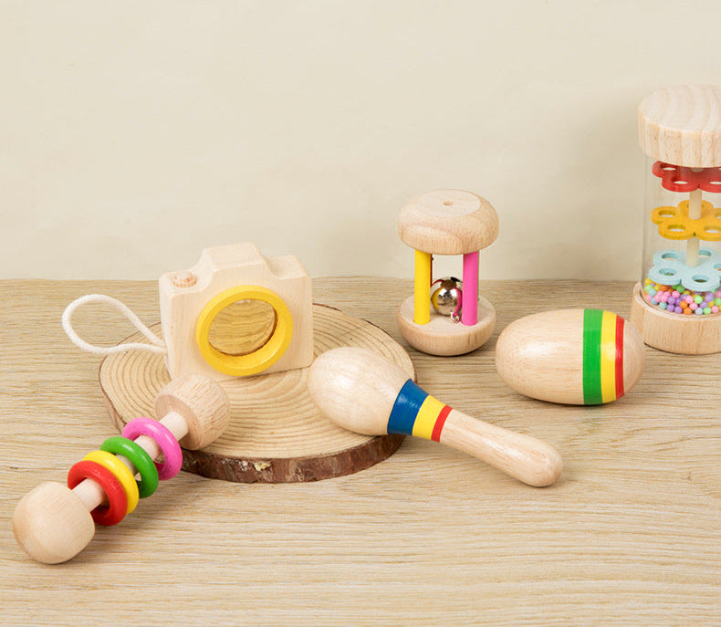 Montessori Early Education Wooden Baby Teething Soothing Hand Rattle6Set Combination Set Educational Toys,Wooden Rattle for Boys Girls, Rattle Toys for Babies
