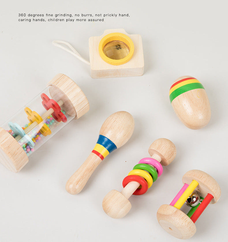 Montessori Early Education Wooden Baby Teething Soothing Hand Rattle6Set Combination Set Educational Toys,Wooden Rattle for Boys Girls, Rattle Toys for Babies