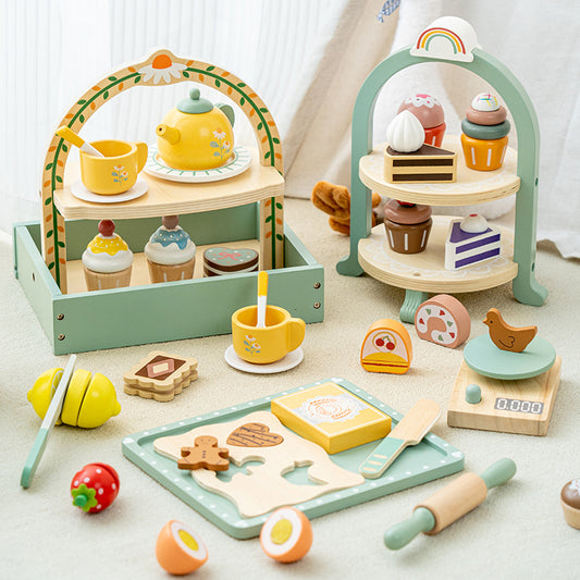 Wooden Tea Party Set for Little Girls, Tea Set Toddler Girl Toys, Pretend Play Tea Sets for Toddlers 3-5, Wooden Toys with Cupcake Stand & Play Kitchen Accessories for 3 4 5 6 Years Old Gifts
