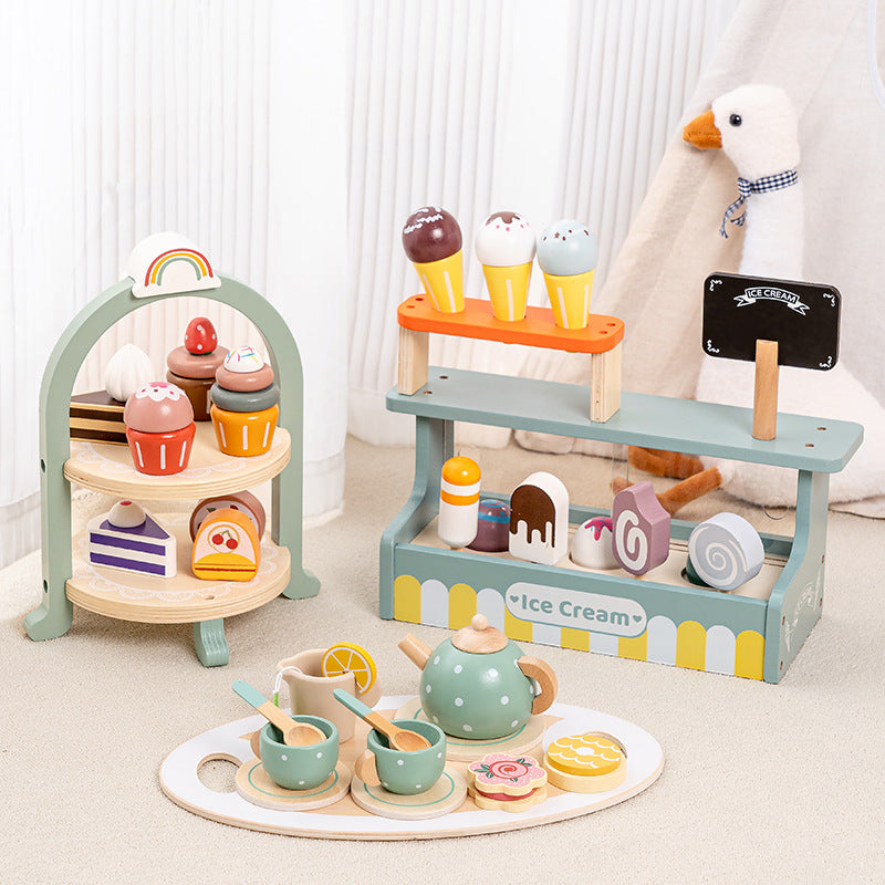 Wooden Tea Party Set for Little Girls, Tea Set Toddler Girl Toys, Pretend Play Tea Sets for Toddlers 3-5, Wooden Toys with Cupcake Stand & Play Kitchen Accessories for 3 4 5 6 Years Old Gifts