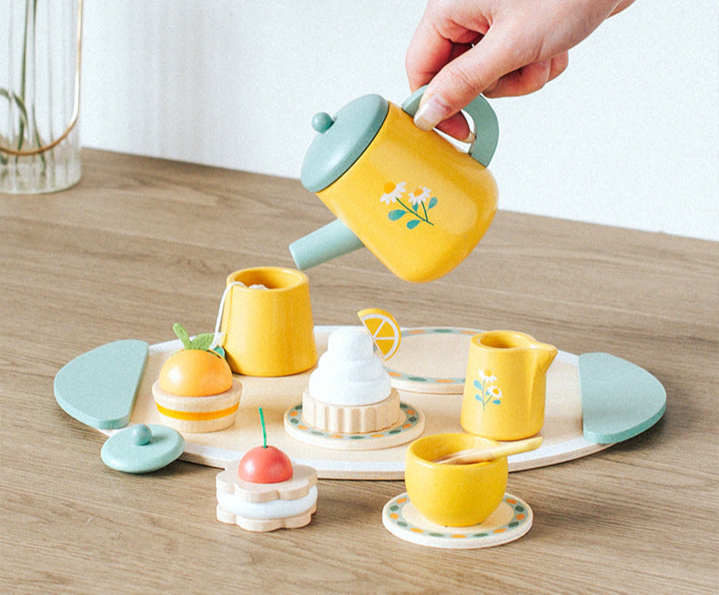 Wooden Tea Party Set for Little Girls, Tea Set Toddler Girl Toys, Pretend Play Tea Sets for Toddlers 3-5, Wooden Toys with Cupcake Stand & Play Kitchen Accessories for 3 4 5 6 Years Old Gifts