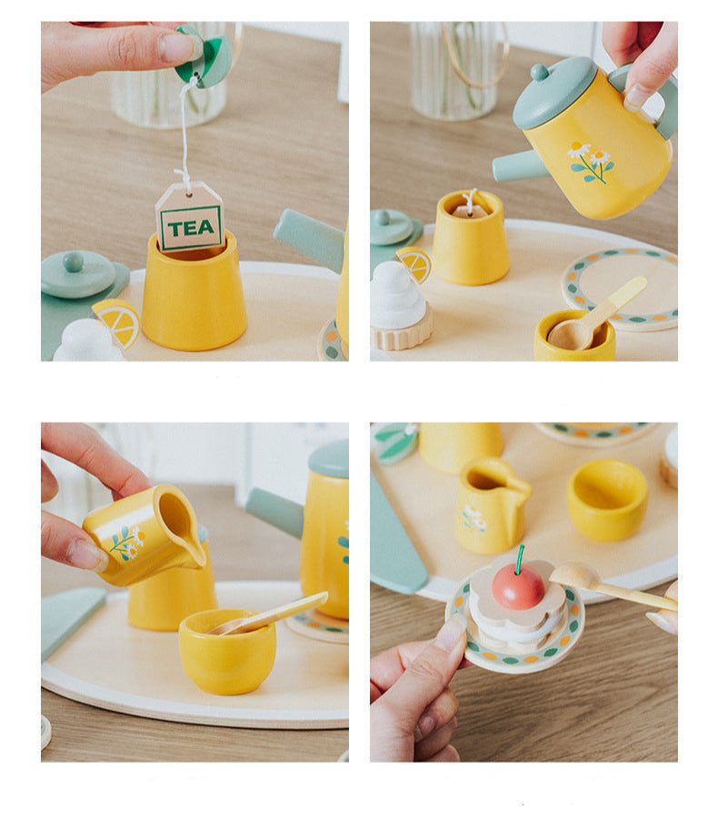 Wooden Tea Party Set for Little Girls, Tea Set Toddler Girl Toys, Pretend Play Tea Sets for Toddlers 3-5, Wooden Toys with Cupcake Stand & Play Kitchen Accessories for 3 4 5 6 Years Old Gifts