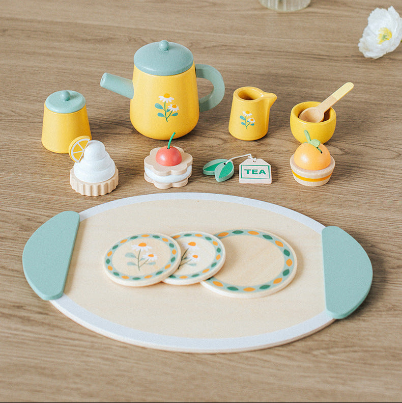 Wooden Tea Party Set for Little Girls, Tea Set Toddler Girl Toys, Pretend Play Tea Sets for Toddlers 3-5, Wooden Toys with Cupcake Stand & Play Kitchen Accessories for 3 4 5 6 Years Old Gifts
