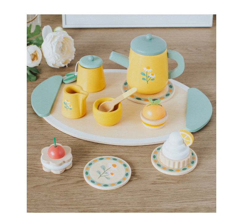 Wooden Tea Party Set for Little Girls, Tea Set Toddler Girl Toys, Pretend Play Tea Sets for Toddlers 3-5, Wooden Toys with Cupcake Stand & Play Kitchen Accessories for 3 4 5 6 Years Old Gifts