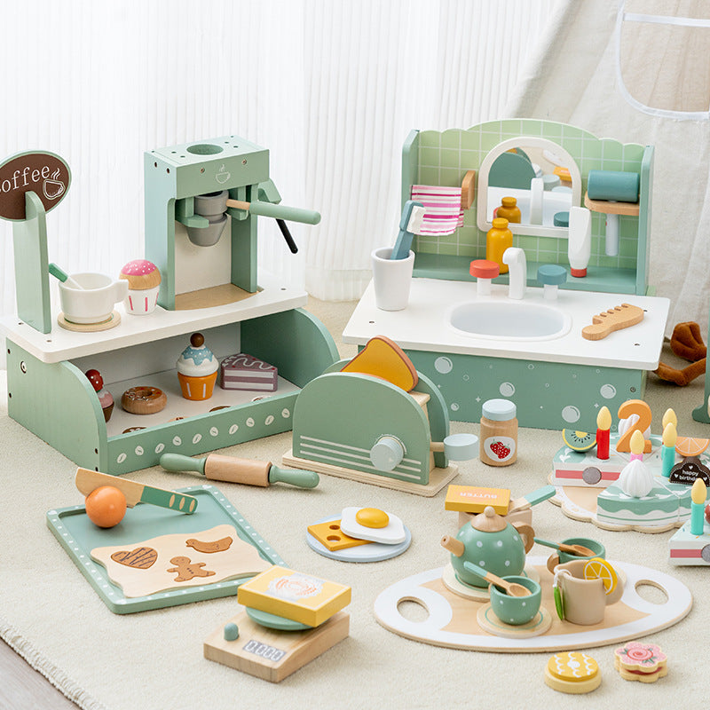 Wooden Tea Party Set for Little Girls, Tea Set Toddler Girl Toys, Pretend Play Tea Sets for Toddlers 3-5, Wooden Toys with Cupcake Stand & Play Kitchen Accessories for 3 4 5 6 Years Old Gifts
