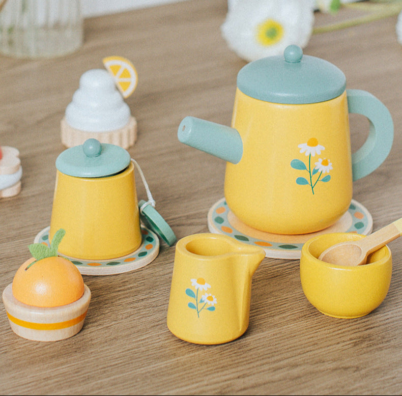 Wooden Tea Party Set for Little Girls, Tea Set Toddler Girl Toys, Pretend Play Tea Sets for Toddlers 3-5, Wooden Toys with Cupcake Stand & Play Kitchen Accessories for 3 4 5 6 Years Old Gifts
