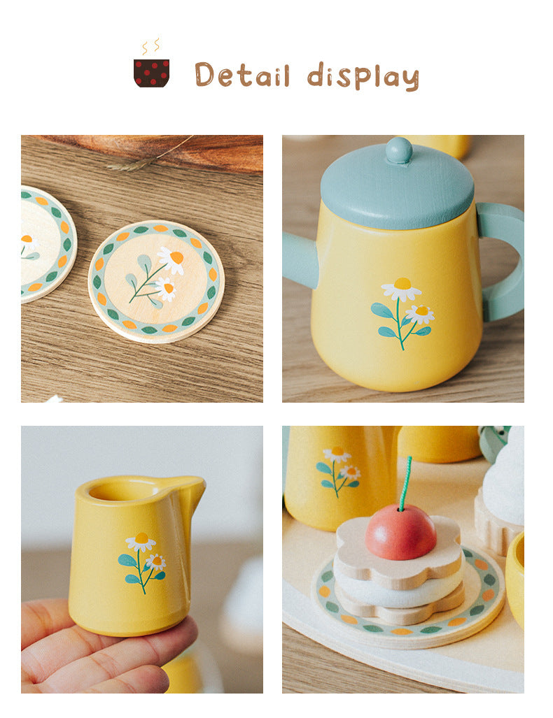 Wooden Tea Party Set for Little Girls, Tea Set Toddler Girl Toys, Pretend Play Tea Sets for Toddlers 3-5, Wooden Toys with Cupcake Stand & Play Kitchen Accessories for 3 4 5 6 Years Old Gifts