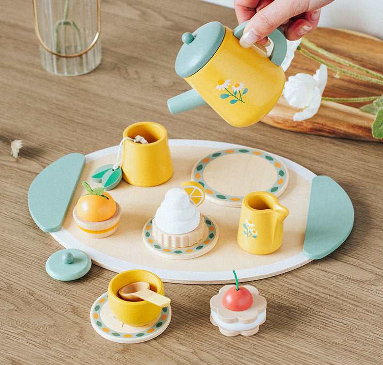 Wooden Tea Party Set for Little Girls, Tea Set Toddler Girl Toys, Pretend Play Tea Sets for Toddlers 3-5, Wooden Toys with Cupcake Stand & Play Kitchen Accessories for 3 4 5 6 Years Old Gifts