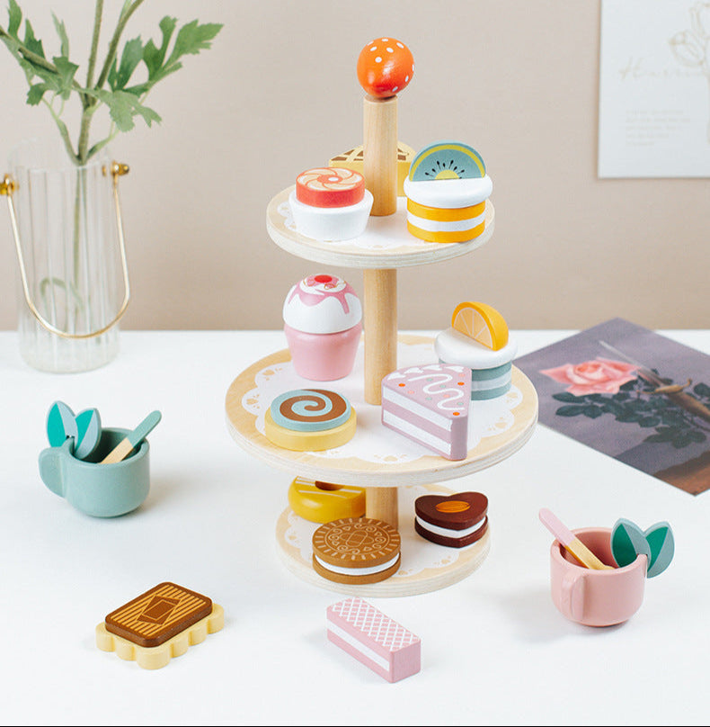 Wooden Tea Party Set for Little Girls, Tea Set Toddler Girl Toys, Pretend Play Tea Sets for Toddlers 3-5, Wooden Toys with Cupcake Stand & Play Kitchen Accessories for 3 4 5 6 Years Old Gifts