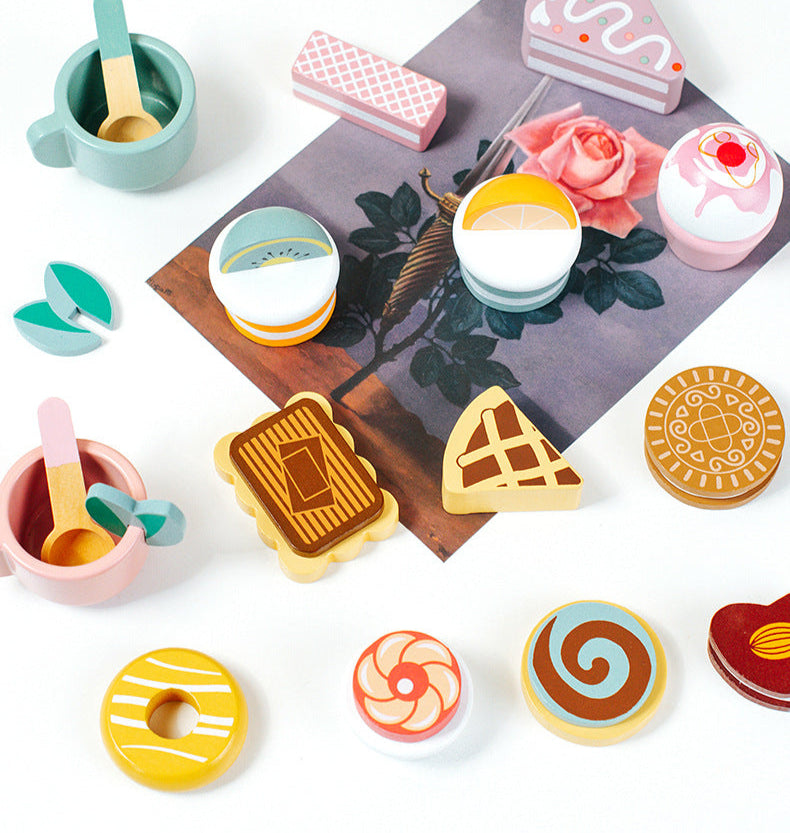 Wooden Tea Party Set for Little Girls, Tea Set Toddler Girl Toys, Pretend Play Tea Sets for Toddlers 3-5, Wooden Toys with Cupcake Stand & Play Kitchen Accessories for 3 4 5 6 Years Old Gifts