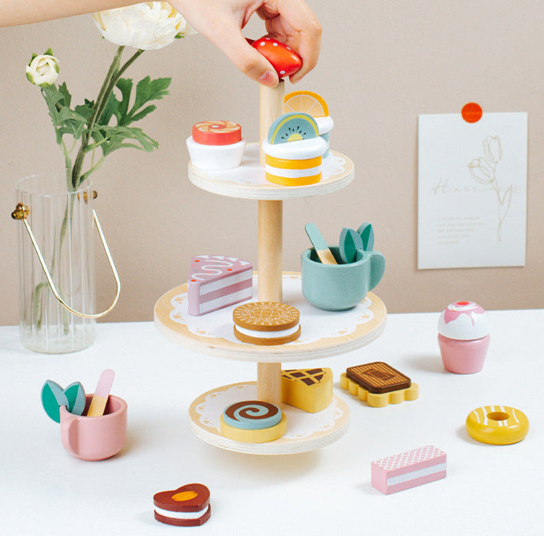 Wooden Tea Party Set for Little Girls, Tea Set Toddler Girl Toys, Pretend Play Tea Sets for Toddlers 3-5, Wooden Toys with Cupcake Stand & Play Kitchen Accessories for 3 4 5 6 Years Old Gifts
