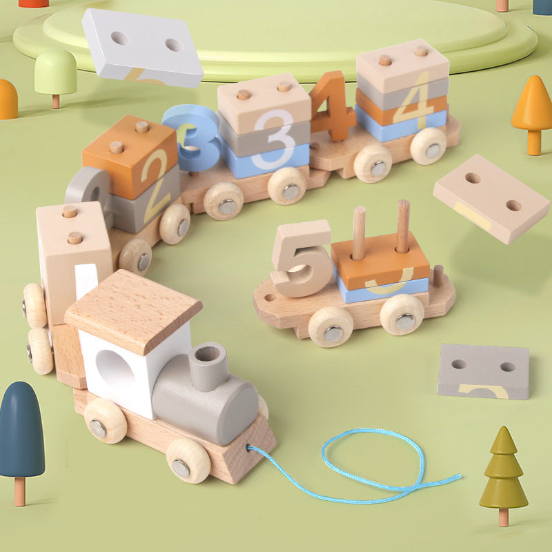 Children's Wooden Early Education Enlightenment Digital Color Cognitive Assembling Building Blocks Pulling Train Educational Toys