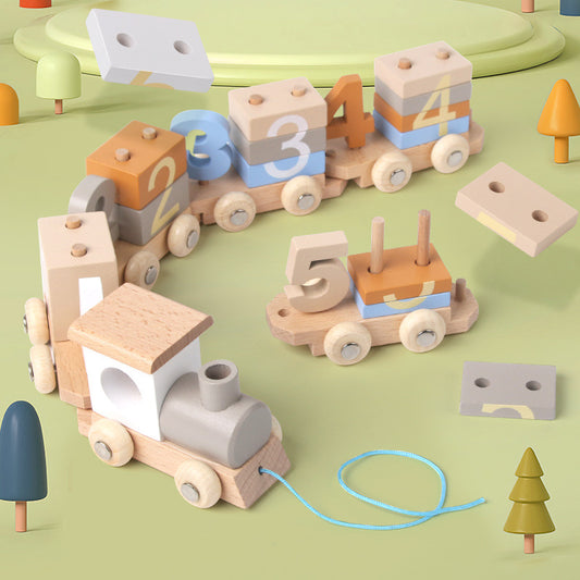 Children's Wooden Early Education Enlightenment Digital Color Cognitive Assembling Building Blocks Pulling Train Educational Toys