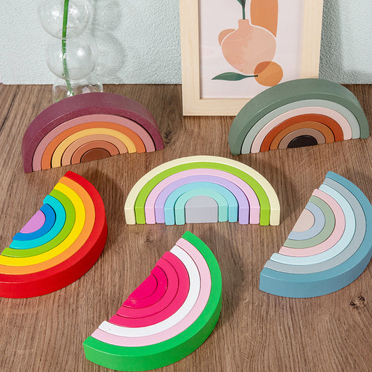Wooden Children's Enlightenment Educational Kindergarten Color Recognition Early Learning Wooden Building Blocks Rainbow Stacking Blocks